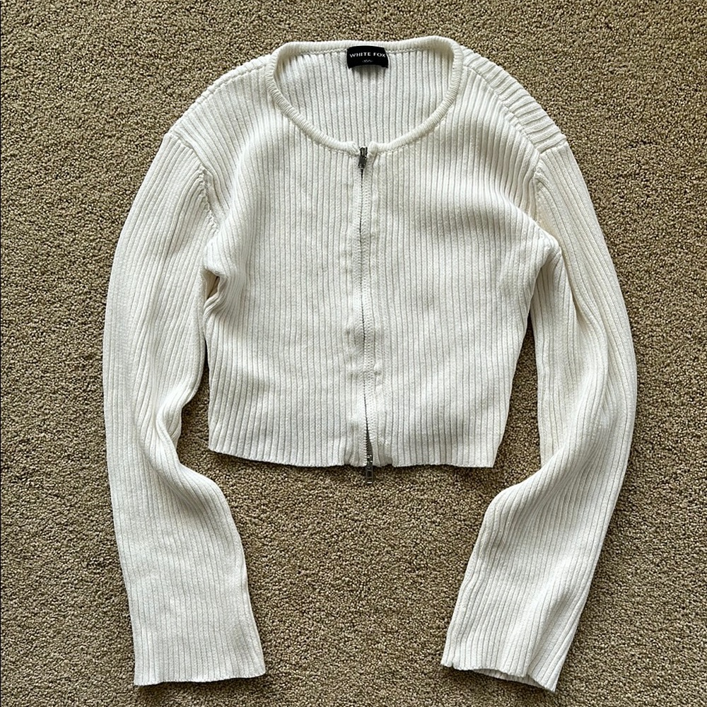 White Fox Ribbed Zip Up Sweater